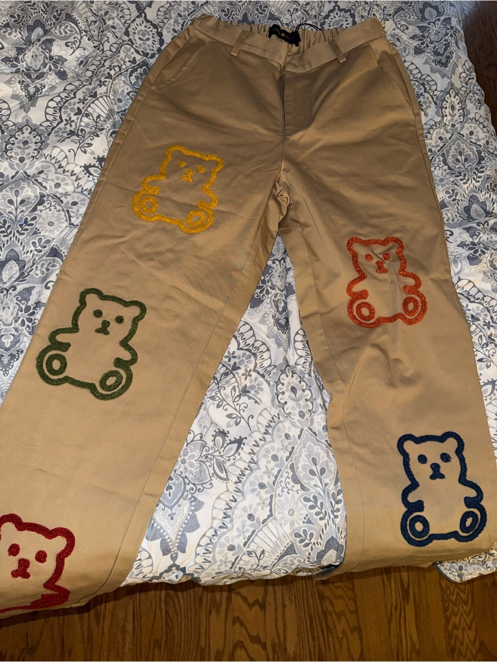 Teddy Fresh Beige Corduroy Pants with Multi-Color Teddy Chenille